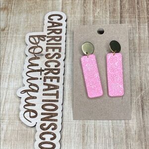 Pink Floral Rectangle Dangle Earrings with Gold Discs